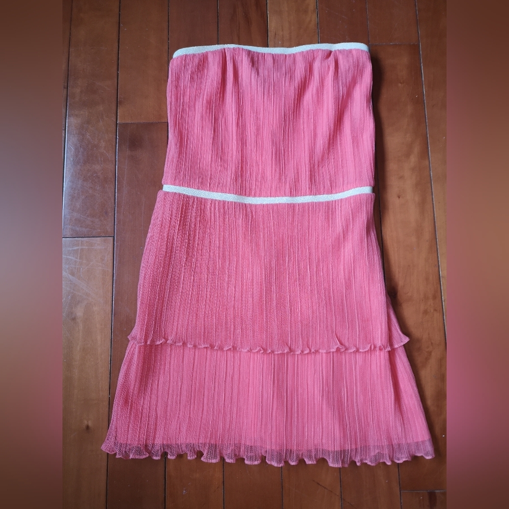 Nine West Orange Ruffled Strapless Mini Dress S:4, Gold Fabric Belt, Side Zipper